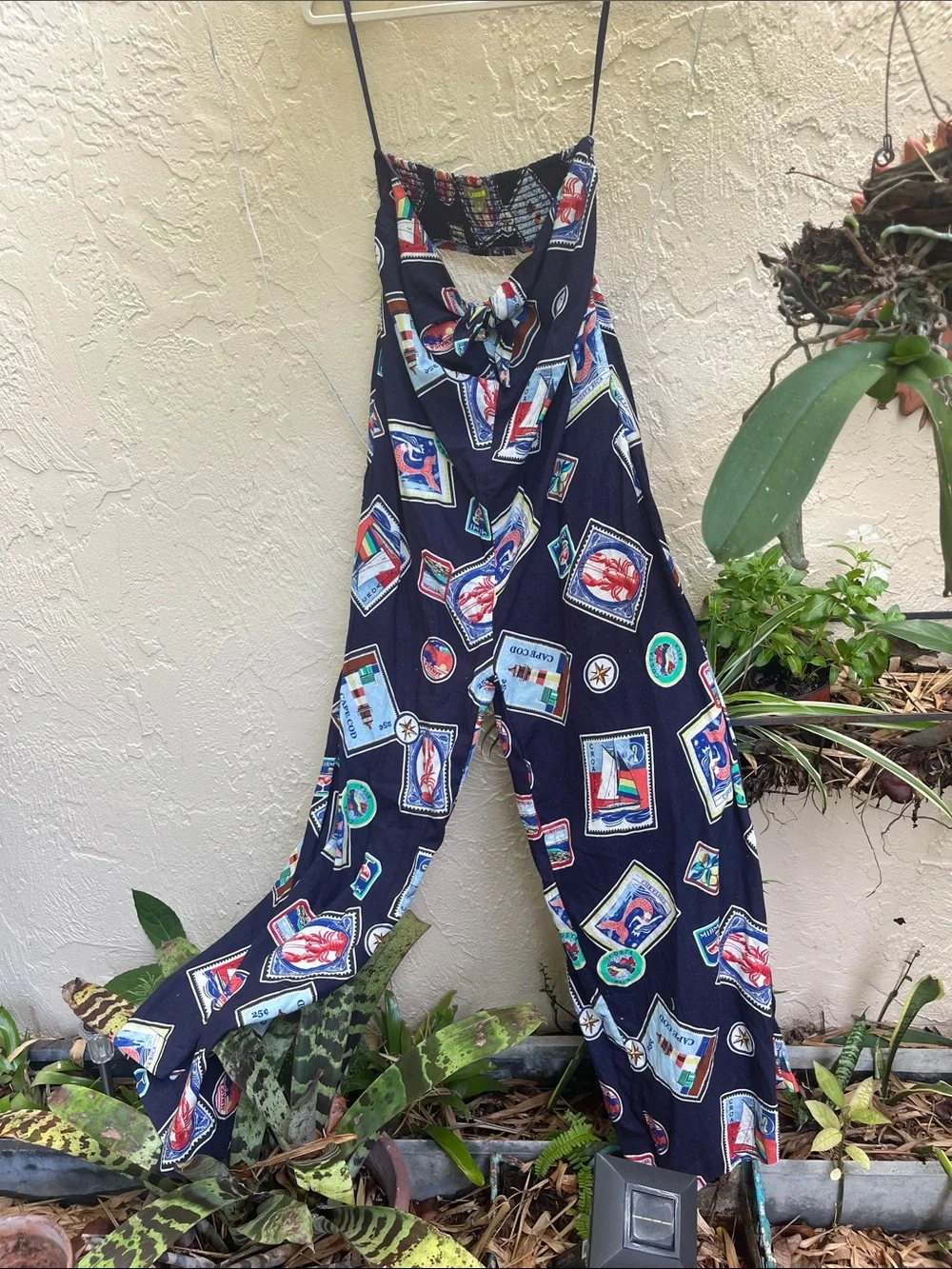 Anthropologie Navy Multicolor Travel-Stamp Wide-Leg Jumpsuit